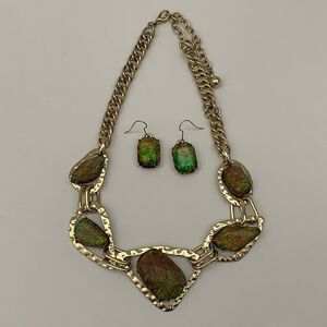Necklace Dangling Earrings Set Iridescent Green Multi-color Gold-tone NWOT